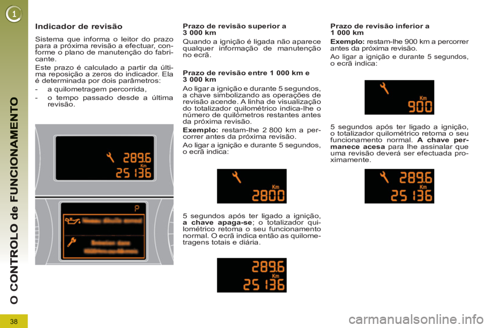 PEUGEOT 5008 2012  Manual de utilização (in Portuguese) 38
O 
C
Indicador de revisão 
  Sistema que informa o leitor do prazo 
para a próxima revisão a efectuar, con-
forme o plano de manutenção do fabri-
cante. 
  Este prazo é calculado a partir da 