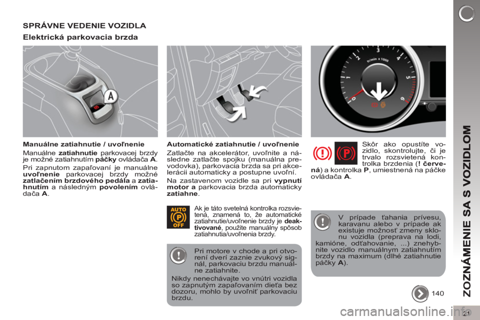PEUGEOT 5008 2012  Návod na použitie (in Slovakian) ZO
Z
21
SPRÁVNE VEDENIE VOZIDLA 
Elektrická 
parkovacia brzda 
   
Manuálne zatiahnutie / uvoľnenie 
  Manuálne  zatiahnutie 
 parkovacej brzdy 
je možné zatiahnutím  páčky 
 ovládača  A 
