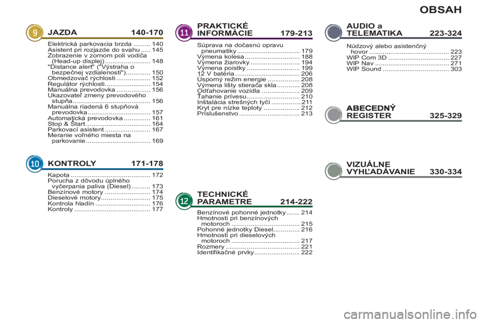 PEUGEOT 5008 2012  Návod na použitie (in Slovakian) OBSAH
REGISTER325-329
JAZDA 140-170
KONTROLY 171-178
PRAKTICKÉ 
INFORMÁCIE 179-213
TECHNICKÉ PARAMETRE 214-222
AUDIO a TELEMATIKA 223-324
Elektrická parkovacia brzda.........140Asistent pri rozjaz