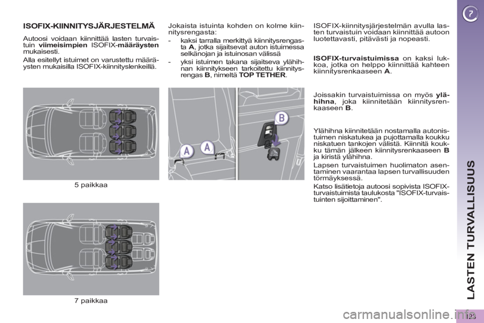 PEUGEOT 5008 2012 Omistajan Käsikirja (in Finnish) LASTEN TURVALLISUUS
123
ISOFIX-KIINNITYSJÄRJESTELMÄ
Autoosi voidaan kiinnittää lasten turvais-
tuin viimeisimpien
ISOFIX- määräysten
mukaisesti.
Alla esitellyt istuimet on varustettu PEUGEOT 5008 2012 Omistajan Käsikirja (in Finnish) LASTEN TURVALLISUUS
123
ISOFIX-KIINNITYSJÄRJESTELMÄ
Autoosi voidaan kiinnittää lasten turvais-
tuin viimeisimpien
ISOFIX- määräysten
mukaisesti.
Alla esitellyt istuimet on varustettu