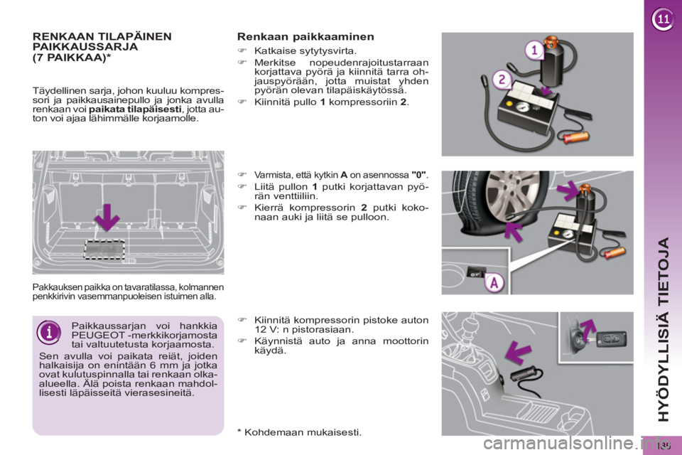 PEUGEOT 5008 2012  Omistajan Käsikirja (in Finnish) HYÖDYLLISIÄ TIETOJA
185
RENKAAN TILAPÄINENPAIKKAUSSARJA 
  Pakkauksen paikka on tavaratilassa, kolmannen 
penkkirivin vasemmanpuoleisen istuimen alla. 
   
Renkaan paikkaaminen 
 
 
*  
 Kohdemaan 