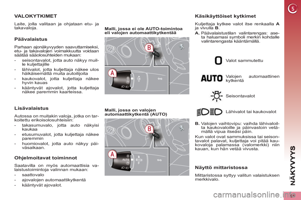 PEUGEOT 5008 2012 Omistajan Käsikirja (in Finnish) NÄ
91
VALOKYTKIMET
Laite, jolla valitaan ja ohjataan etu- ja
takavaloja.
Päävalaistus
Parhaan ajonäkyvyyden saavuttamiseksi,
etu- ja takavalojen voimakkuutta voidaan
säätää sääolosu PEUGEOT 5008 2012 Omistajan Käsikirja (in Finnish) NÄ
91
VALOKYTKIMET
Laite, jolla valitaan ja ohjataan etu- ja
takavaloja.
Päävalaistus
Parhaan ajonäkyvyyden saavuttamiseksi,
etu- ja takavalojen voimakkuutta voidaan
säätää sääolosu