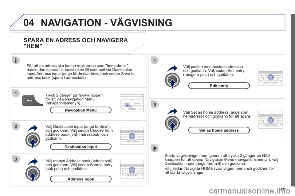 PEUGEOT 5008 2012 Bruksanvisningar (in Swedish) 279
04
1
2
3
5
4
NAVIGATION - VÄGVISNING
SPARA EN ADRESS OCH NAVIGERA
"HEM"
Tryck 2 gånger på NAV-knappen
för att visa Navigation Menu (navigationsmenyn).
F
ör att en adress ska kun PEUGEOT 5008 2012 Bruksanvisningar (in Swedish) 279
04
1
2
3
5
4
NAVIGATION - VÄGVISNING
SPARA EN ADRESS OCH NAVIGERA
"HEM"
Tryck 2 gånger på NAV-knappen
för att visa Navigation Menu (navigationsmenyn).
F
ör att en adress ska kun