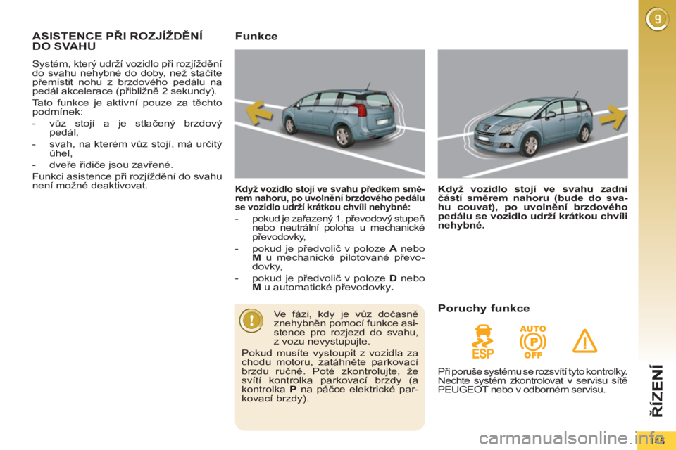 PEUGEOT 5008 2012  Návod na použití (in Czech) ŘÍ
Z
145
ASISTENCE PŘI ROZJÍŽDĚNÍDO SVAHU 
 
Systém, který udrží vozidlo při rozjíždění 
do svahu nehybné do doby, než stačíte 
přemístit nohu z brzdového pedálu na 
pedál akc
