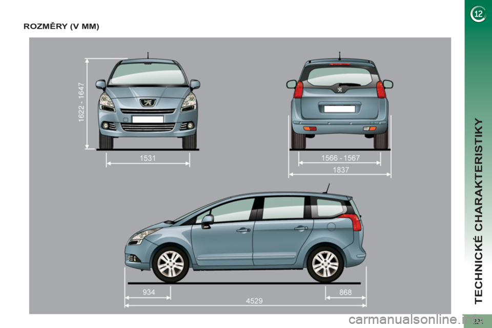 PEUGEOT 5008 2012 Návod na použití (in Czech) TECHNICKÉ CHARAKTERISTIKY
221
ROZMĚRY (V MM) PEUGEOT 5008 2012 Návod na použití (in Czech) TECHNICKÉ CHARAKTERISTIKY
221
ROZMĚRY (V MM)
