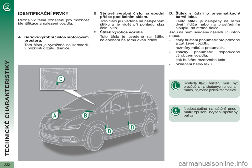 PEUGEOT 5008 2012 Návod na použití (in Czech) TECHNICKÉ CHARAKTERISTIKY
222
IDENTIFIKAČNÍ PRVKY
Různá viditelná označení pro možnost
identifi kace a nalezení vozidla.
Nedostatečné nahuštění pneu-
matik způsobí zvýšen PEUGEOT 5008 2012 Návod na použití (in Czech) TECHNICKÉ CHARAKTERISTIKY
222
IDENTIFIKAČNÍ PRVKY
Různá viditelná označení pro možnost
identifi kace a nalezení vozidla.
Nedostatečné nahuštění pneu-
matik způsobí zvýšen