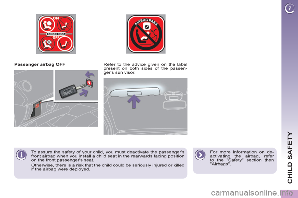 PEUGEOT 5008 2011.5  Owners Manual CHILD SAFETY
11 7
   
 
Passenger airbag OFF  
   
For more information on de-
activating the airbag, refer 
to the "Safety" section then 
"Airbags".      
Refer to the advice given on the label 
pres