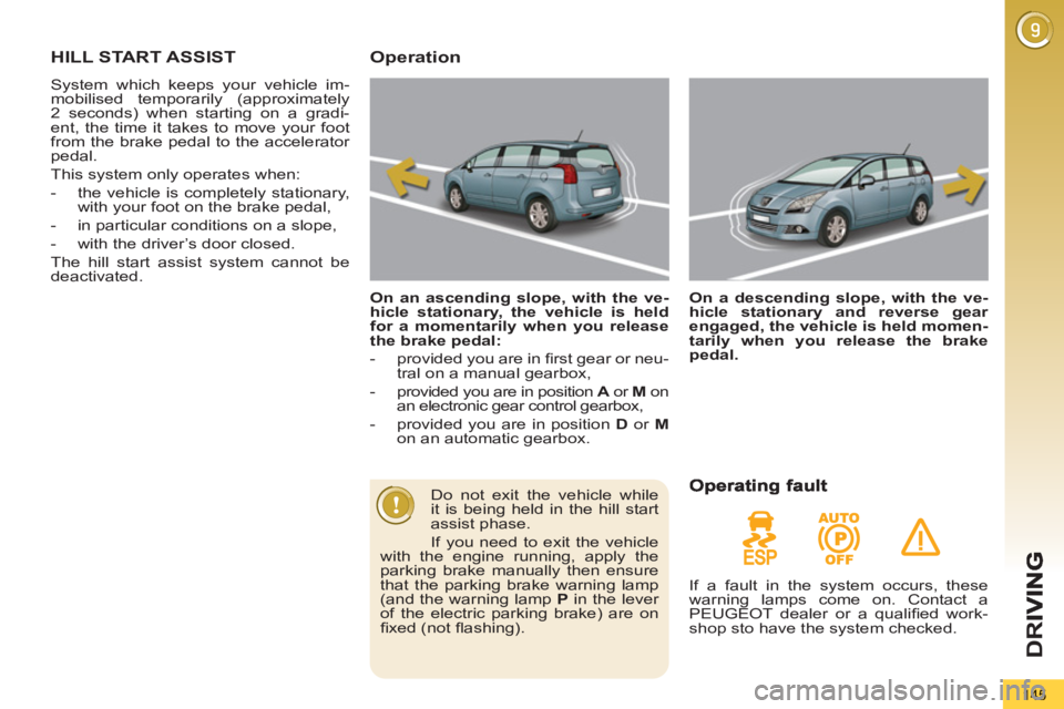 PEUGEOT 5008 2011.5  Owners Manual D
R
145
HILL START ASSIST 
  System which keeps your vehicle im-
mobilised temporarily (approximately 
2 seconds) when starting on a gradi-
ent, the time it takes to move your foot 
from the brake ped