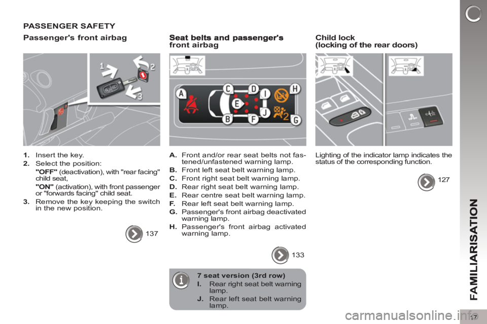 PEUGEOT 5008 2011.5  Owners Manual FA
M
17
PASSENGER SAFETY 
Passen
gers front airbag 
   
 
1. 
  Insert the key. 
   
2. 
  Select the position:  
  "OFF" 
 (deactivation), with "rear facing" 
child seat,  
  "ON" 
 (activation), wi