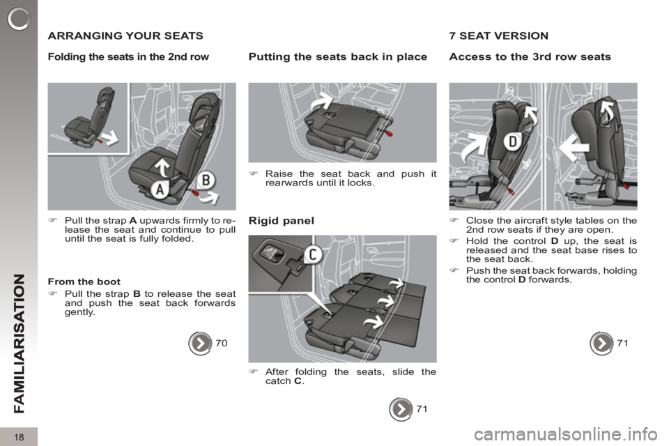 PEUGEOT 5008 2011.5  Owners Manual FA
M
18
  ARRANGING YOUR SEATS
Ri
gid panel
Putting the seats back in place 
   
 
�) 
 Raise the seat back and push it 
rearwards until it locks.  
 
   
From the boot 
   
 
�) 
  Pull the strap  B 