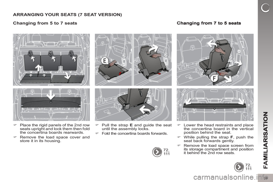 PEUGEOT 5008 2011.5  Owners Manual FA
M
19
ARRANGING YOUR SEATS (7 SEAT VERSION) 
  72, 
111       
�) 
  Pull the strap  E 
 and guide the seat 
until the assembly locks. 
   
�) 
  Fold the concertina boards forwards.     
 
�) 
  Lo