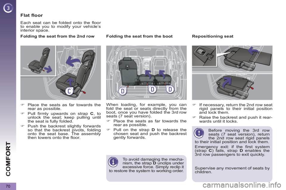 PEUGEOT 5008 2011.5  Owners Manual CO
70
   
Flat floor 
 
Each seat can be folded onto the ﬂ oor 
to enable you to modify your vehicle’s 
interior space. 
   
Folding the seat from the 2 nd  row 
   
 
�) 
  Place the seats as far