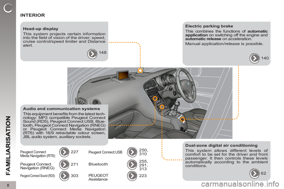 PEUGEOT 5008 2011.5  Owners Manual FA
M
8
  INTERIOR  
 
 
Electric parking brake 
  This combines the functions of  automatic 
application 
 on switching off the engine and 
  automatic release 
 on acceleration. 
  Manual application