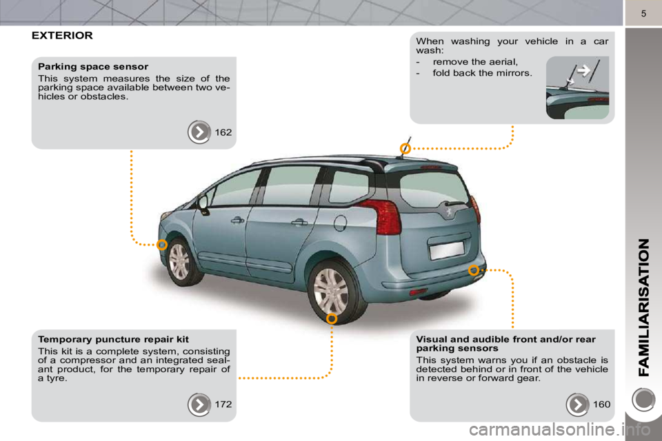 PEUGEOT 5008 2010.5  Owners Manual 5
 EXTERIOR  
  Visual and audible front and/or rear  
parking sensors  
 This  system  warns  you  if  an  obstacle  is  
detected behind or in front of the vehicle 
in reverse or forward gear.  160 