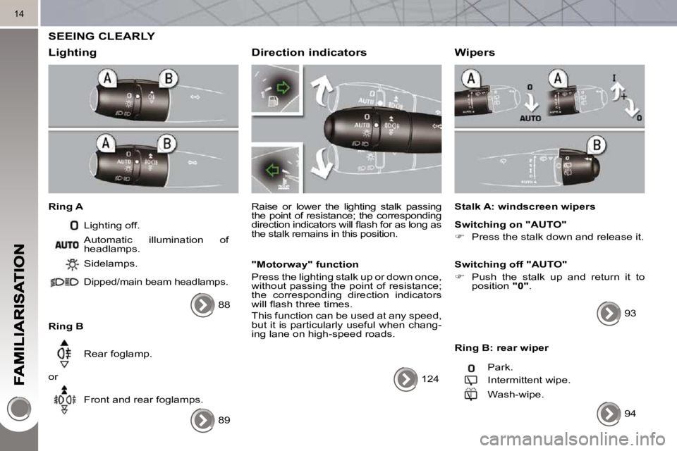 PEUGEOT 5008 2010.5 Owners Manual 14
SEEING CLEARLY
Lighting
Ring A Lighting off.
Ring B Sidelamps.
Dipped/main beam headlamps.
Rear foglamp.
or Front and rear foglamps.
Automatic illumination of
headlamps. PEUGEOT 5008 2010.5 Owners Manual 14
SEEING CLEARLY
Lighting
Ring A Lighting off.
Ring B Sidelamps.
Dipped/main beam headlamps.
Rear foglamp.
or Front and rear foglamps.
Automatic illumination of
headlamps.