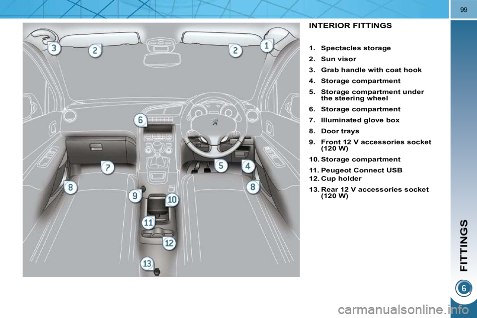 PEUGEOT 5008 2010.5  Owners Manual FITTINGS
99
INTERIOR FITTINGS 
   
1.     Spectacles storage   
  
2.     Sun visor   
  
3.     Grab handle with coat hook   
  
4.     Storage compartment   
  
5.     Storage compartment under  
th