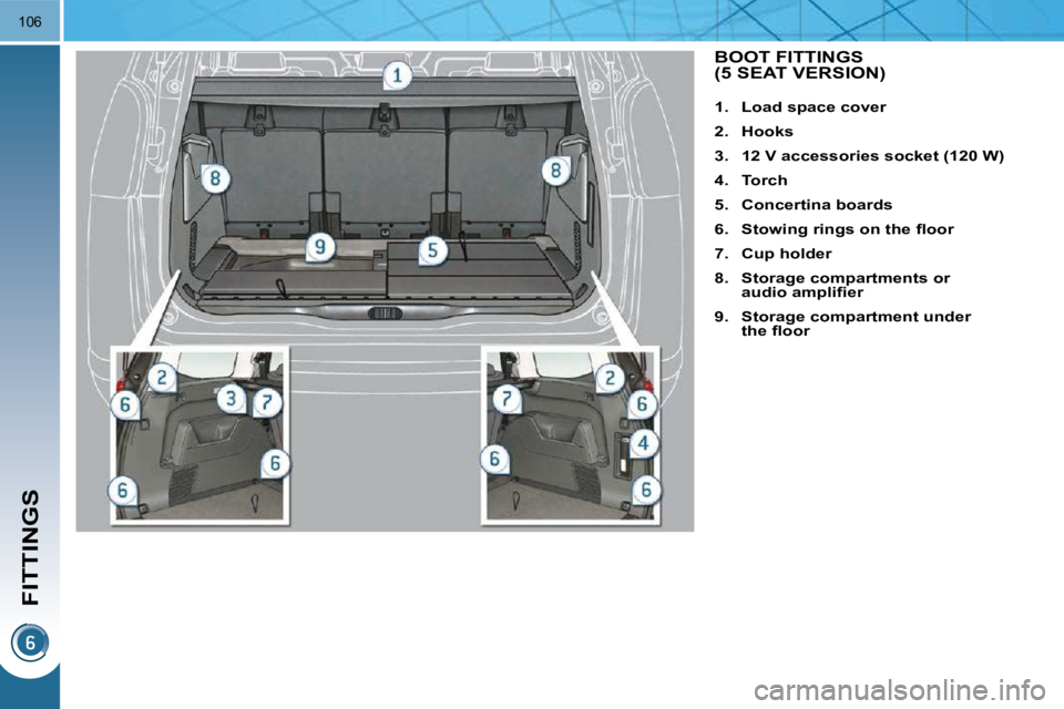 PEUGEOT 5008 2010.5  Owners Manual FITTINGS
106
BOOT FITTINGS (5 SEAT VERSION) 
    
1.     Load space cover   
  
2.     Hooks   
  
3.     12 V accessories socket (120 W)   
  
4.     Torch   
  
5.     Concertina boards   
  
6.    