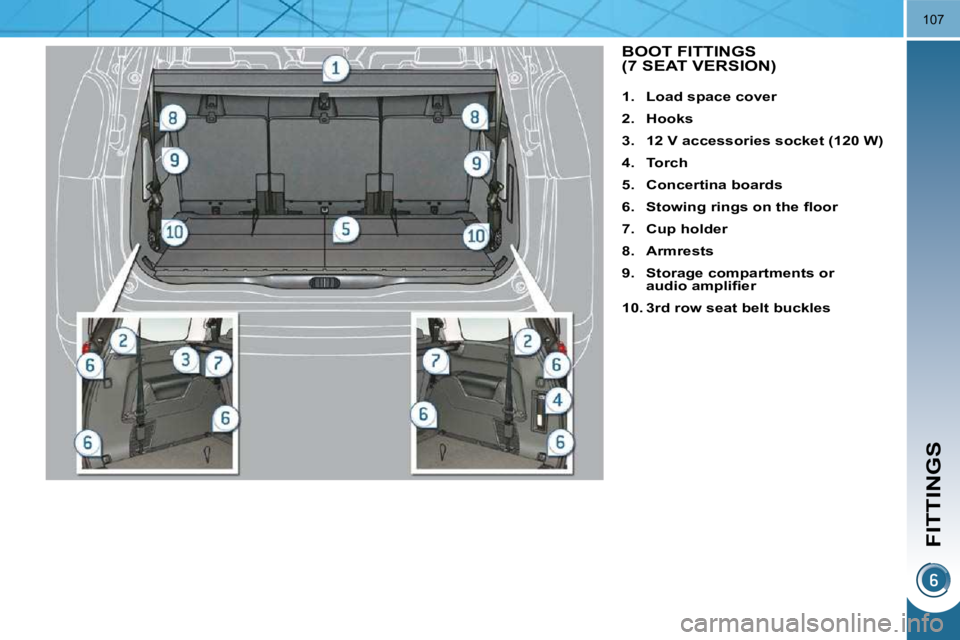 PEUGEOT 5008 2010.5  Owners Manual FITTINGS
107
    
1.     Load space cover   
  
2.     Hooks   
  
3.     12 V accessories socket (120 W)   
  
4.     Torch   
  
5.     Concertina boards   
  
6.     �S�t�o�w�i�n�g� �r�i�n�g�s� �o�
