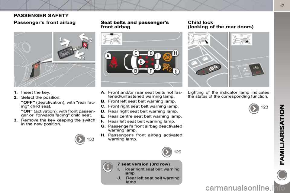 PEUGEOT 5008 2010.5 Owners Manual 17
PASSENGER SAFETY
Passengers front airbag
1. Insert the key.
2. Select the position:
"OFF" (deactivation), with "rear fac-
ing" child seat,
"ON" (activation), wit PEUGEOT 5008 2010.5 Owners Manual 17
PASSENGER SAFETY
Passengers front airbag
1. Insert the key.
2. Select the position:
"OFF" (deactivation), with "rear fac-
ing" child seat,
"ON" (activation), wit