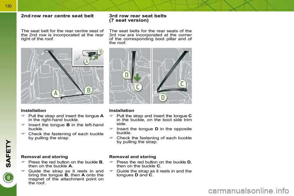 PEUGEOT 5008 2010.5  Owners Manual 130
  2 ndrow rear centre seat belt 
  Installation  
   
�    Pull the strap and insert the tongue   A  
in the right-hand buckle. 
  
�    Insert  the  tongue    B   in  the  left-hand 
buckle