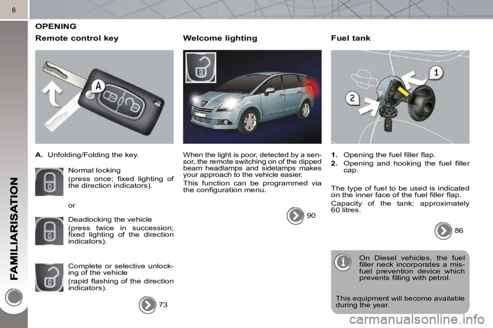 PEUGEOT 5008 2010.5  Owners Manual 6
 OPENING 
  Remote control key 
   
A.    Unfolding/Folding the key.  
 Normal locking   
�(�p�r�e�s�s�  �o�n�c�e�;�  �ﬁ� �x�e�d�  �l�i�g�h�t�i�n�g�  �o�f�  
the direction indicators).  
 Deadlock