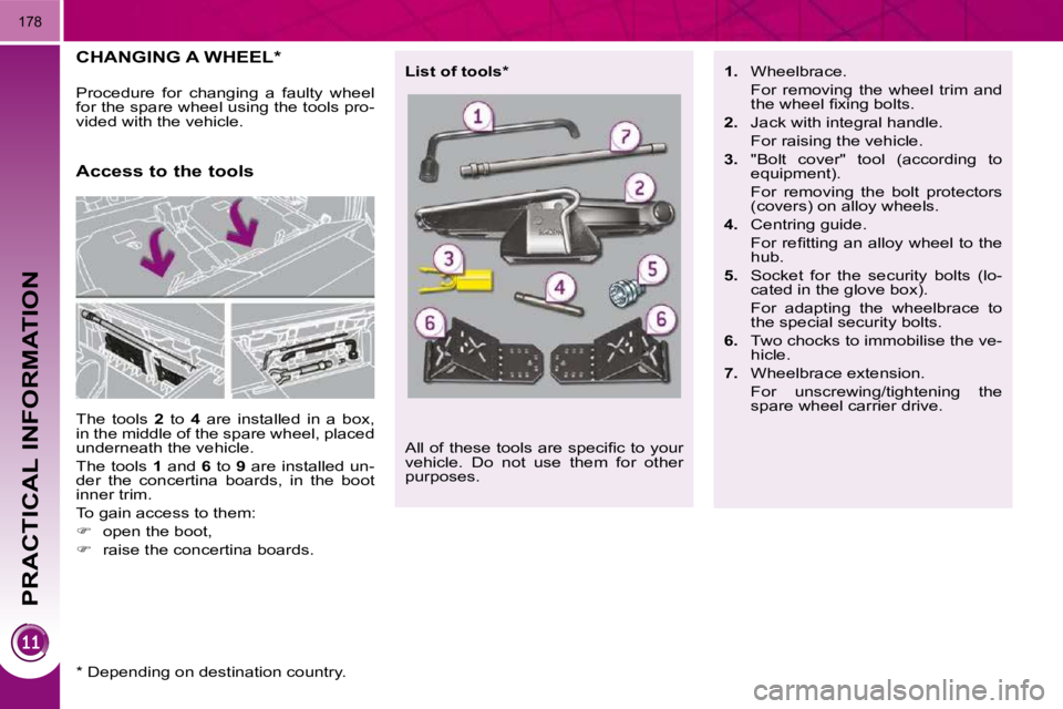 PEUGEOT 5008 2010.5  Owners Manual PRACTICAL INFORMATION
178
CHANGING A WHEEL *  
 The  tools   2   to    4   are  installed  in  a  box, 
in the middle of the spare wheel, placed  
underneath the vehicle.  
 The tools   1  and   6  to