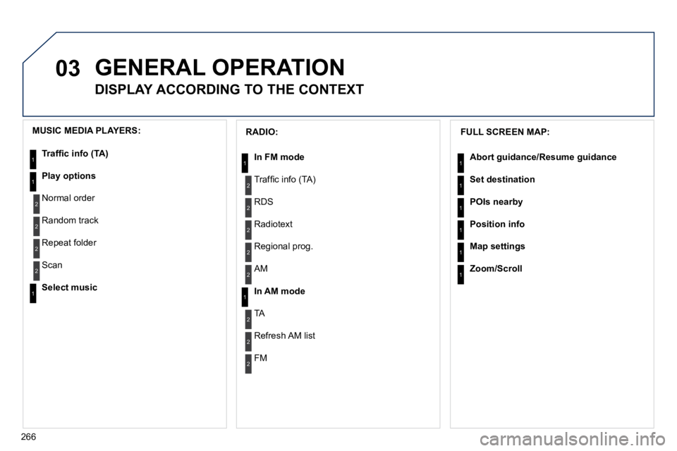 PEUGEOT 5008 2010.5  Owners Manual 03
266
 GENERAL OPERATION 
       DISPLAY ACCORDING TO THE CONTEXT 
  FULL SCREEN MAP: 
Abort guidance/Resume guidance
Set destination
POIs nearby
Position info
Map settings
Zoom/Scroll
1
1
1
1
1
1
  