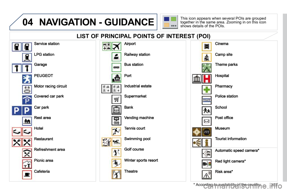PEUGEOT 5008 2010.5  Owners Manual 04
273
 NAVIGATION - GUIDANCE 
  LIST OF PRINCIPAL POINTS OF INTEREST (POI) 
  *   According to availability in the country.  
 This icon appears when several POIs are grouped together in the same are