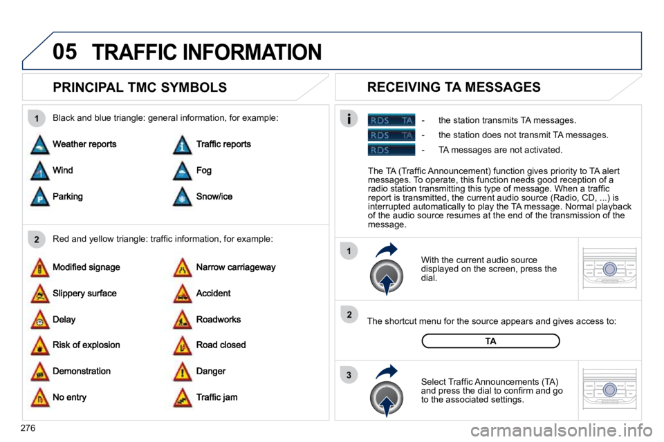 PEUGEOT 5008 2010.5  Owners Manual 05
2
1
3
2
1
276
       PRINCIPAL TMC SYMBOLS 
  With the current audio source displayed on the screen, press the dial.  
  The shortcut menu for the source appears and gives access to: 
� � �S�e�l�e�
