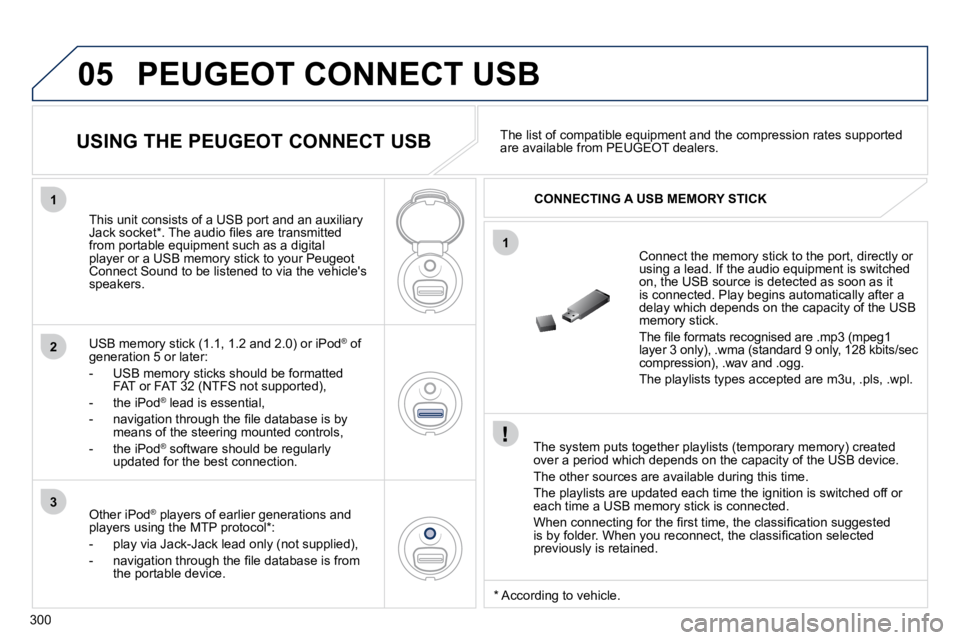 PEUGEOT 5008 2010.5  Owners Manual 300
05
1
1
2
3
 PEUGEOT CONNECT USB 
� � �T�h�e� �s�y�s�t�e�m� �p�u�t�s� �t�o�g�e�t�h�e�r� �p�l�a�y�l�i�s�t�s� �(�t�e�m�p�o�r�a�r�y� �m�e�m�o�r�y�)� �c�r�e�a�t�e�d� over a period which depends on the 