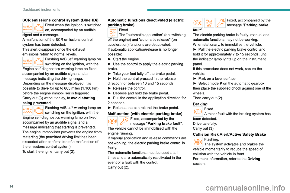 PEUGEOT 508 2023  Owners Manual 14
Dashboard instruments
SCR emissions control system (BlueHDi)Fixed when the ignition is switched 
on, accompanied by an audible 
signal and a message.
A malfunction of the SCR emissions control 
sys