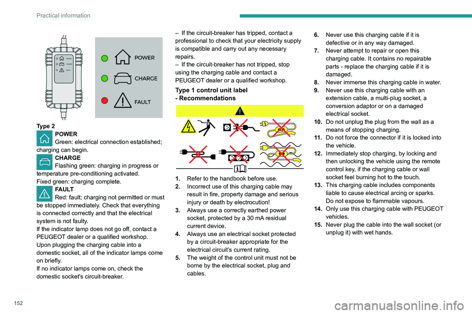 PEUGEOT 508 2023  Owners Manual 152
Practical information
 
 
Type 2POWER
Green: electrical connection established; 
charging can begin. 
CHARGE
Flashing green: charging in progress or 
temperature pre-conditioning activated.
Fixed 
