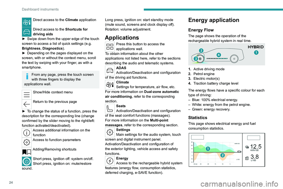 PEUGEOT 508 2023  Owners Manual 24
Dashboard instruments
Direct access to the Climate application 
Direct access to the Shortcuts for 
driving aids
►
 
Swipe down from the upper edge of the touch 
screen to access a list of quick 