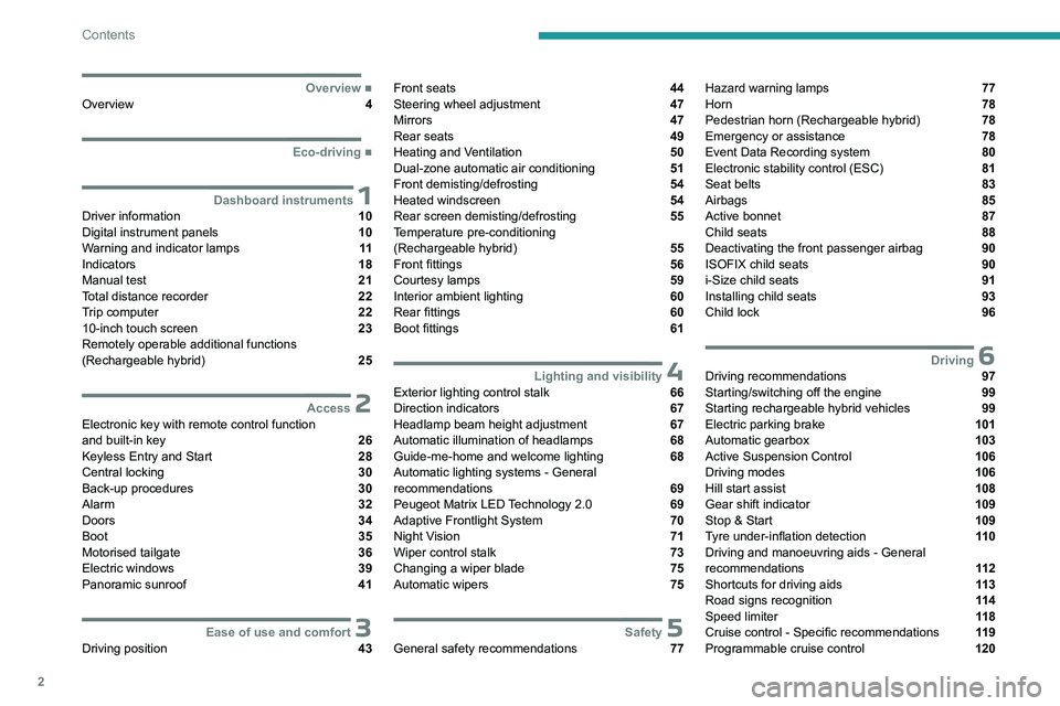 PEUGEOT 508 2023  Owners Manual 2
Contents
  ■
OverviewOverview  4
  ■
Eco-driving
 1Dashboard instrumentsDriver information  10
Digital instrument panels  10
Warning and indicator lamps  11
Indicators  18
Manual test  21

