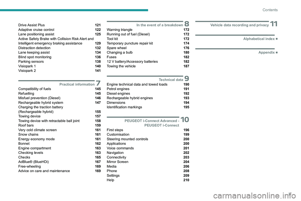 PEUGEOT 508 2023  Owners Manual 3
Contents
Drive Assist  Plus  121
Adaptive cruise control  122
Lane positioning assist  125
Active Safety Brake with Collision Risk Alert and 
Intelligent emergency braking assistance 
 129
Distracti