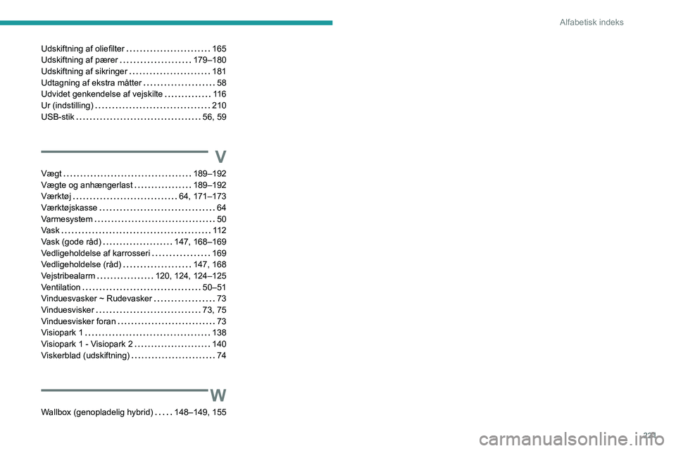 PEUGEOT 508 2023  Brugsanvisning (in Danish) 221
Alfabetisk indeks
Udskiftning af oliefilter     165
Udskiftning af pærer     
179–180
Udskiftning af sikringer
    
181
Udtagning af ekstra måtter
   
58
Udvidet genkendelse af vejskilte
    
