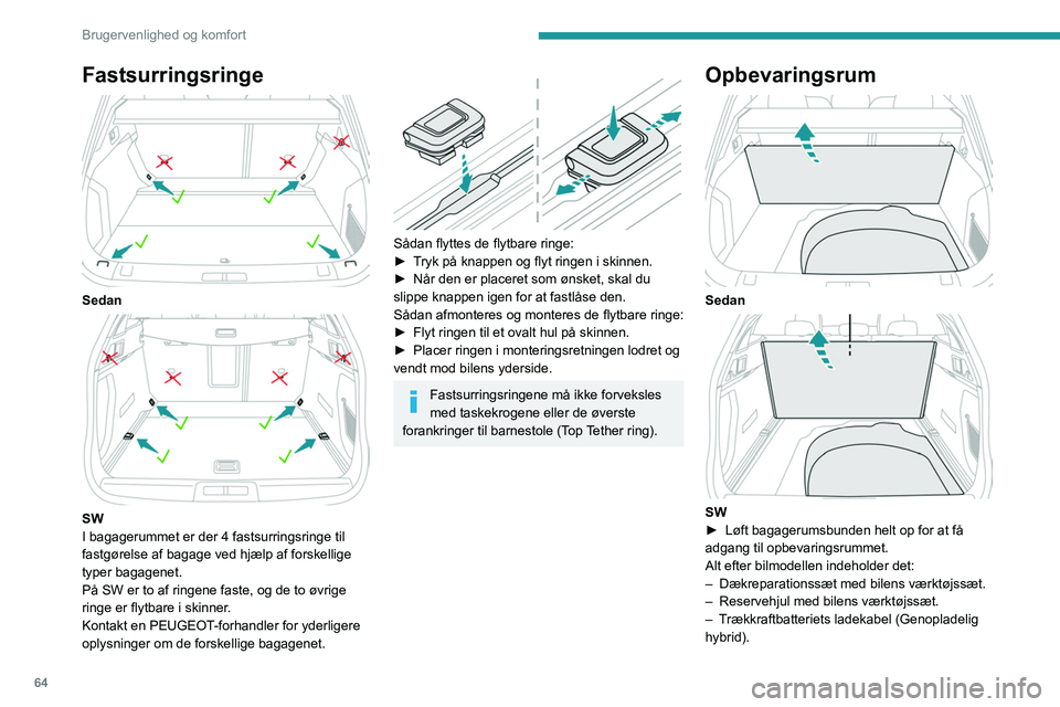 PEUGEOT 508 2023 Brugsanvisning (in Danish) 64
Brugervenlighed og komfort
Fastsurringsringe
Sedan
SW
I bagagerummet er der 4 fastsurringsringe til
fastgørelse af bagage ved hjælp af forskellige
typer bagagenet.
På SW er to af ringene PEUGEOT 508 2023 Brugsanvisning (in Danish) 64
Brugervenlighed og komfort
Fastsurringsringe
Sedan
SW
I bagagerummet er der 4 fastsurringsringe til
fastgørelse af bagage ved hjælp af forskellige
typer bagagenet.
På SW er to af ringene
