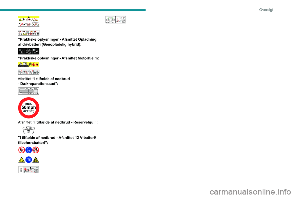PEUGEOT 508 2023  Brugsanvisning (in Danish) 7
Oversigt
 
 
 
”Praktiske oplysninger - Afsnittet Opladning 
af drivbatteri (Genopladelig hybrid):
 
 
"Praktiske oplysninger - Afsnittet Motorhjelm:  
 
 
Afsnittet “I tilfælde af nedbrud 