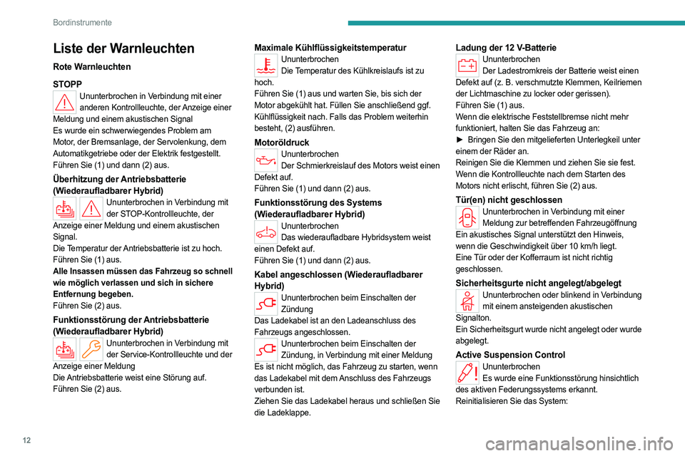 PEUGEOT 508 2023 Betriebsanleitungen (in German) 12
Bordinstrumente
Liste der Warnleuchten
Rote Warnleuchten
STOPP
Ununterbrochen in Verbindung mit einer anderen Kontrollleuchte, der Anzeige einer
Meldung und einem akustischen Signal
Es wurde ein s PEUGEOT 508 2023 Betriebsanleitungen (in German) 12
Bordinstrumente
Liste der Warnleuchten
Rote Warnleuchten
STOPP
Ununterbrochen in Verbindung mit einer anderen Kontrollleuchte, der Anzeige einer
Meldung und einem akustischen Signal
Es wurde ein s