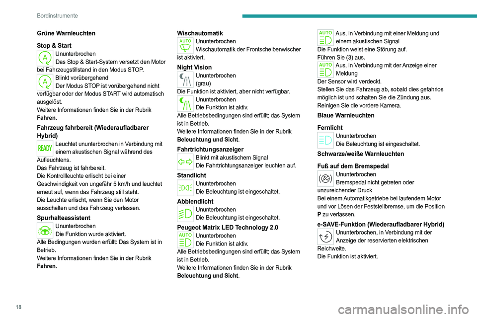 PEUGEOT 508 2023 Betriebsanleitungen (in German) 18
Bordinstrumente
Grüne Warnleuchten
Stop & Start
UnunterbrochenDas Stop & Start-System versetzt den Motor
bei Fahrzeugstillstand in den Modus STOP.
Blinkt vorübergehend Der Modus STOP ist vorübe PEUGEOT 508 2023 Betriebsanleitungen (in German) 18
Bordinstrumente
Grüne Warnleuchten
Stop & Start
UnunterbrochenDas Stop & Start-System versetzt den Motor
bei Fahrzeugstillstand in den Modus STOP.
Blinkt vorübergehend Der Modus STOP ist vorübe