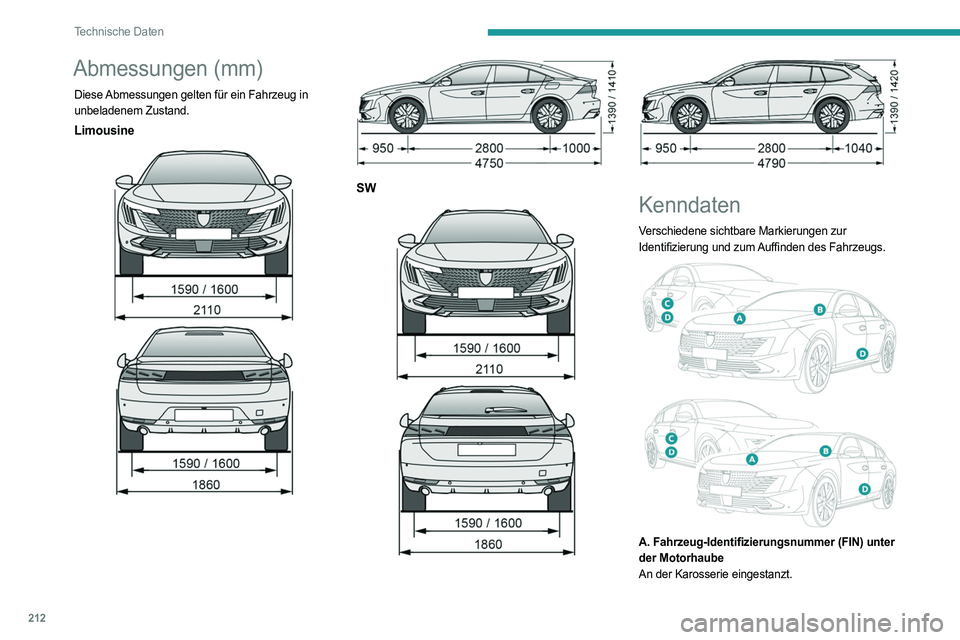 PEUGEOT 508 2023  Betriebsanleitungen (in German) 212
Technische Daten
Abmessungen (mm)
Diese Abmessungen gelten für ein Fahrzeug in 
unbeladenem Zustand.
Limousine 
 
 
 
SW 
 
 
 
Kenndaten
Verschiedene sichtbare Markierungen zur 
Identifizierung 