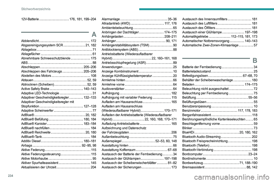 PEUGEOT 508 2023  Betriebsanleitungen (in German) 234
Stichwortverzeichnis
12V-Batterie    176, 181, 199–204
A
Abblendlicht     172
Abgasreinigungssystem SCR    
21, 182
Ablagebox
    
71
Ablagefächer
    
61
Abnehmbare Schneeschutzblende
   
175
