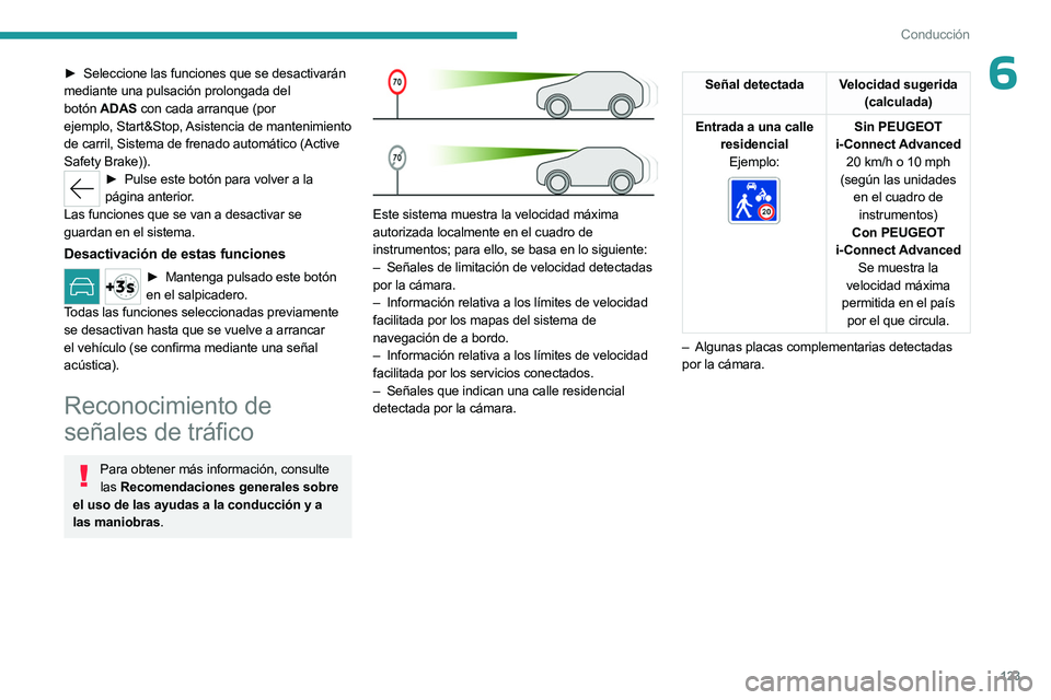 PEUGEOT 508 2023 Manual del propietario (in Spanish) 123
Conducción
6► Seleccione las funciones que se desactivarán
mediante una pulsación prolongada del
botón ADAS con cada arranque (por
ejemplo,
Start&Stop, Asistencia de mantenimiento
de PEUGEOT 508 2023 Manual del propietario (in Spanish) 123
Conducción
6► Seleccione las funciones que se desactivarán
mediante una pulsación prolongada del
botón ADAS con cada arranque (por
ejemplo,
Start&Stop, Asistencia de mantenimiento
de
