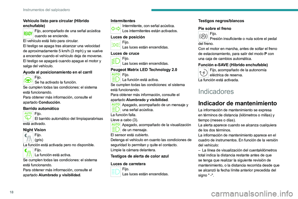 PEUGEOT 508 2023 Manual del propietario (in Spanish) 18
Instrumentos del salpicadero
Vehículo listo para circular (Híbrido
enchufable)
Fijo, acompañado de una señal acústica cuando se enciende.
El vehículo está listo para circular.
El testigo se PEUGEOT 508 2023 Manual del propietario (in Spanish) 18
Instrumentos del salpicadero
Vehículo listo para circular (Híbrido
enchufable)
Fijo, acompañado de una señal acústica cuando se enciende.
El vehículo está listo para circular.
El testigo se