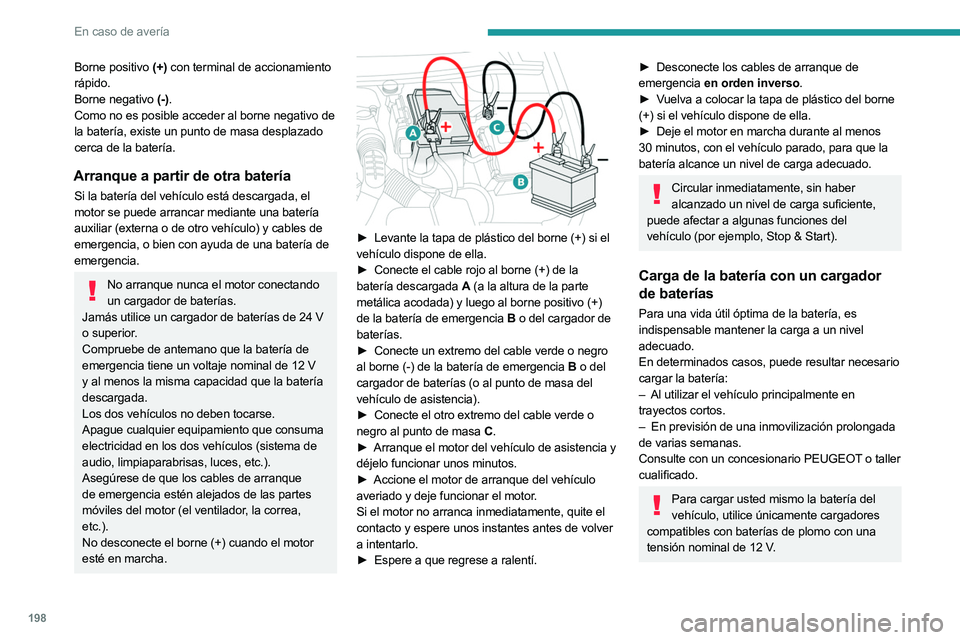 PEUGEOT 508 2023 Manual del propietario (in Spanish) 198
En caso de avería
Borne positivo (+) con terminal de accionamiento
rápido.
Borne negativo (-).
Como no es posible acceder al borne negativo de
la batería, existe un punto de masa desplazado
PEUGEOT 508 2023 Manual del propietario (in Spanish) 198
En caso de avería
Borne positivo (+) con terminal de accionamiento
rápido.
Borne negativo (-).
Como no es posible acceder al borne negativo de
la batería, existe un punto de masa desplazado