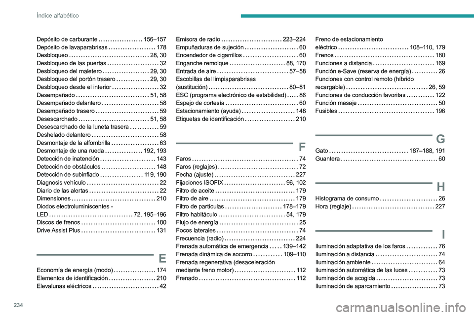 PEUGEOT 508 2023 Manual del propietario (in Spanish) 234
Índice alfabético
Depósito de carburante 156–157
Depósito de lavaparabrisas
178
Desbloqueo
28, 30
Desbloqueo de las puertas
32
Desbloqueo del maletero
29, 30
Desbloqueo d PEUGEOT 508 2023 Manual del propietario (in Spanish) 234
Índice alfabético
Depósito de carburante 156–157
Depósito de lavaparabrisas
178
Desbloqueo
28, 30
Desbloqueo de las puertas
32
Desbloqueo del maletero
29, 30
Desbloqueo d