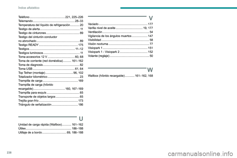 PEUGEOT 508 2023 Manual del propietario (in Spanish) 238
Índice alfabético
Teléfono 221, 225–226
Telemando
28–33
Temperatura del líquido de refrigeración
20
Testigo de alerta
11
Testigo de cinturones
89
Testigo del cintur PEUGEOT 508 2023 Manual del propietario (in Spanish) 238
Índice alfabético
Teléfono 221, 225–226
Telemando
28–33
Temperatura del líquido de refrigeración
20
Testigo de alerta
11
Testigo de cinturones
89
Testigo del cintur