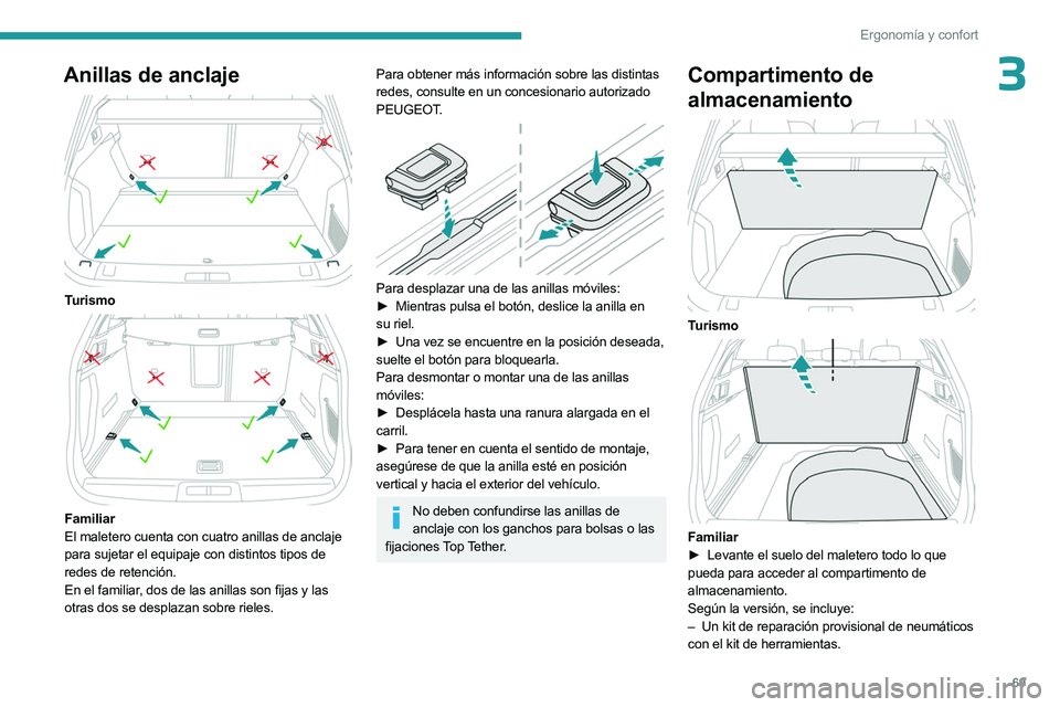 PEUGEOT 508 2023  Manual del propietario (in Spanish) 69
Ergonomía y confort
3Anillas de anclaje 
 
Turismo 
 
Familiar
El maletero cuenta con cuatro anillas de anclaje 
para sujetar el equipaje con distintos tipos de 
redes de retención.
En el familia