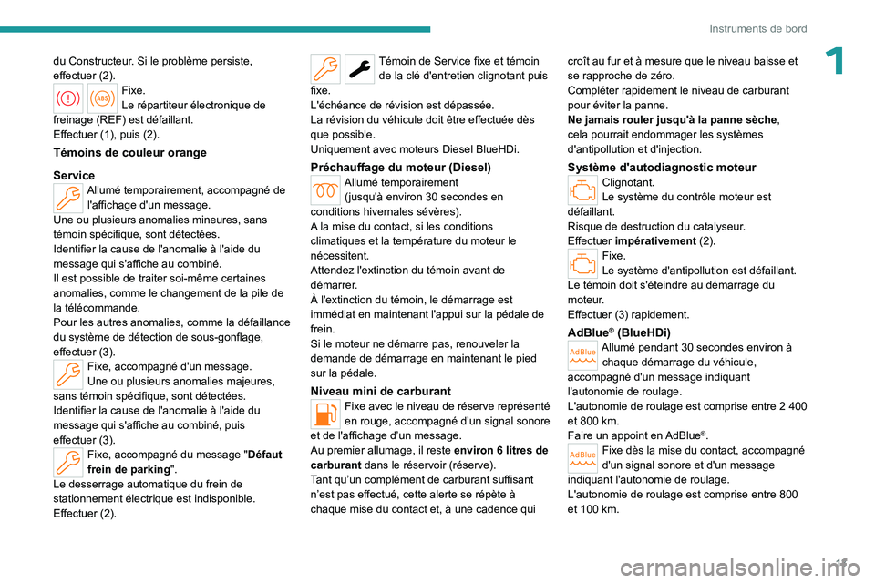 PEUGEOT 508 2023 Manuel du propriétaire (in French) 13
Instruments de bord
1du Constructeur. Si le problème persiste,
effectuer (2).
Fixe.
Le répartiteur électronique de
freinage
(REF) est défaillant.
Effectuer (1), puis (2).
Témoins de coule PEUGEOT 508 2023 Manuel du propriétaire (in French) 13
Instruments de bord
1du Constructeur. Si le problème persiste,
effectuer (2).
Fixe.
Le répartiteur électronique de
freinage
(REF) est défaillant.
Effectuer (1), puis (2).
Témoins de coule