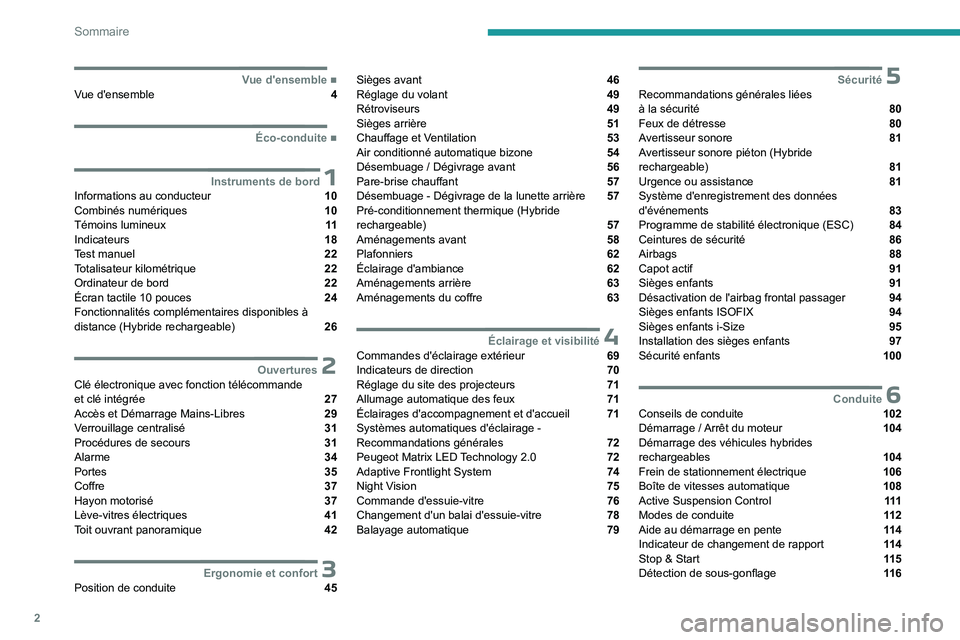 PEUGEOT 508 2023  Manuel du propriétaire (in French) 2
Sommaire
  ■
Vue d'ensembleVue d'ensemble  4
  ■
Éco-conduite
 1Instruments de bordInformations au conducteur  10
Combinés numériques  10
Témoins lumineux  11
Indicateurs  18
T